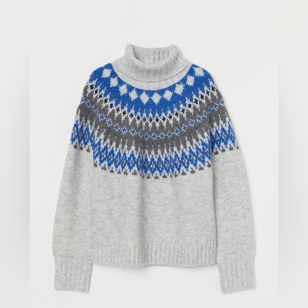 H&M - Jacquard Knit Light Gray Mélange Patterned Turtleneck Sweater Size XS